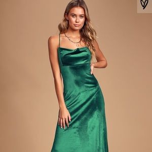 Teal Green Velvet Cowl Neck Midi Dress